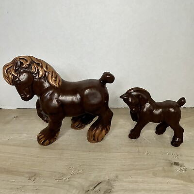 #ad Vintage Hand Painted Ceramic Horses Set Of 2 Figurines Brown Clydesdale Pony $30.00