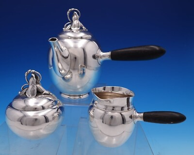 #ad Hibiscus by Gorham Sterling Silver Coffee Set 3pc #791 w Ebony Handles #7680 $1178.10