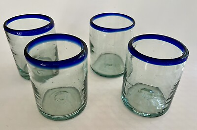 #ad Set of 4 Mexican Hand Blown Blue Rim Drinking Glasses 4 Inch $27.95