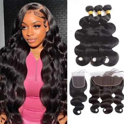 #ad Brazilian Body Wave Bundles With Lace Closure Lace Frontal Human Hair Extensions $93.83