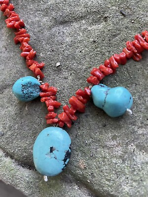 #ad Vtg Turquoise Necklace Coral Silver Bead Necklace *Please Read $29.00