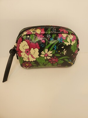 #ad Black Floral amp; Pink Cosmetic Bag Vinyl Canvas Toiletries Pouch Makeup Bag $6.99