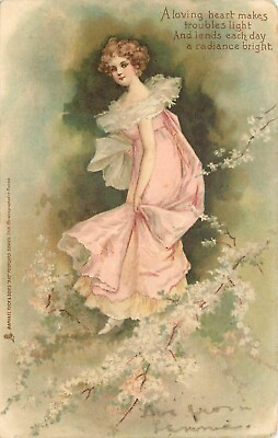 #ad Tuck Fair Fancies Postcard 966. Loving Heart makes Troubles Light Lady in Pink $24.99