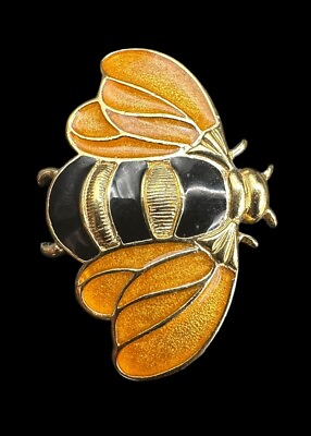#ad Vintage Signed TRIFARI Bumble Bee Insect Brooch Black Yellow amp; Gold Enamel $32.00