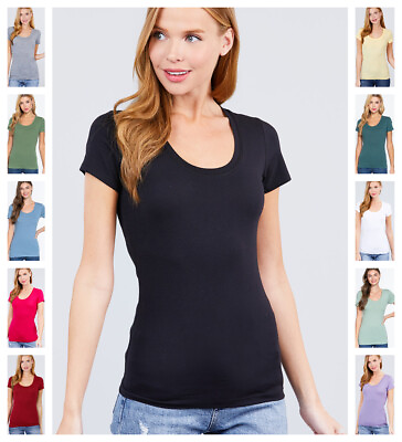 #ad Women Basic SHORT SLEEVE SCOOP NECK T Shirt Cotton Stretch Long Top S 3X $6.49