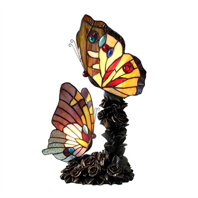 #ad Stained Glass Tiffany Style Table Lamp Two Bulb Night Light Double Butterfly 17quot; $159.89