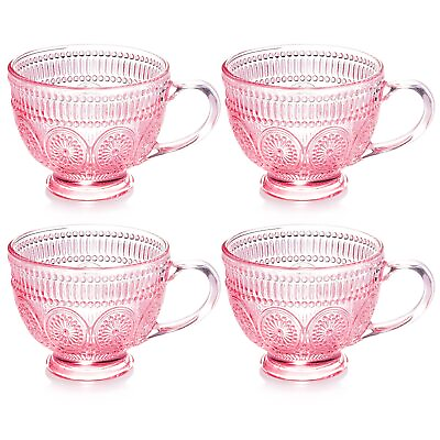 #ad Vintage 4 Pack Glass Coffee Mugs with Handle 14 oz Pink Embossed Glass Cups f... $39.69