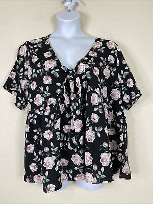 #ad Shein Curve Womens Plus Size 4XL Black Floral Bowtie Blouse Short Sleeve $7.50