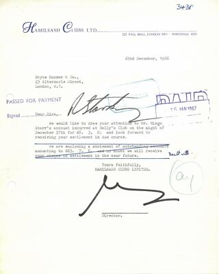 #ad Ringo Starr Richard Starkey Beatles Signed Authentic Club Bill PSA DNA #E30950 $1299.99