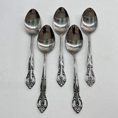 #ad United Silver Teaspoon Stainless Glossy Flatware Pierced Floral Tip Japan 5Pc $66.61