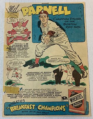 #ad 1950 Wheaties MEL PARNELL cartoon ad Boston Red Sox $20.66
