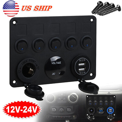 5 Gang 12V 24V Inline Fuse Box LED Switch Panel Dual USB Car Boat Truck Camper $21.00