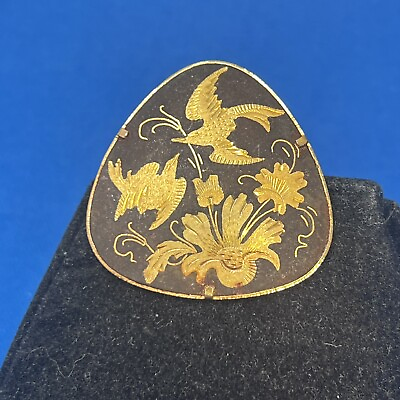 #ad Vintage Flowers Birds Triangular Gold amp; Black Damascene Brooch Trombone Clasp $14.95