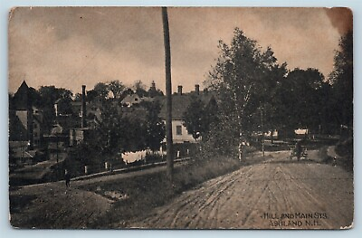 #ad Postcard NH Ashland c1910 View Hill and Main Streets Dirt Street Horse Buggy S10 $15.94