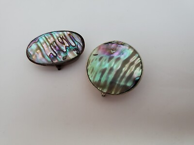 #ad Vintage Mexican Silver Pill Boxes with Abalone Shell Top Pair $50.00