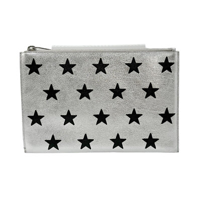 #ad Auth SAINT LAURENT Star Clutch Bag Silver Black Leather Silvertone z0631 $189.00