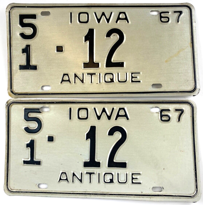 #ad Vintage 1967 Iowa Antique License Plate Pair Jefferson Co. #10 Decor Collector $53.95