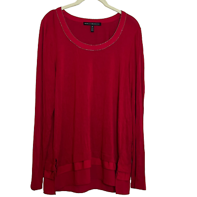 #ad WHBM Womens Knit Top Medium Red Slinky Knit Silver Beaded Scoop Neck Chiffon Hem $19.98