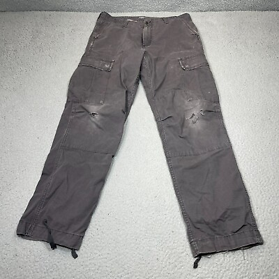 #ad Carhartt Pants Men 32 Gray WIP Cargo Regular Ripstop Drawstring Distressed Work $35.00