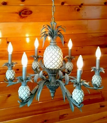 #ad Vintage Bungalow Quoizel Tole Metal Tropical Pineapple Chandelier Light Fixture $712.50