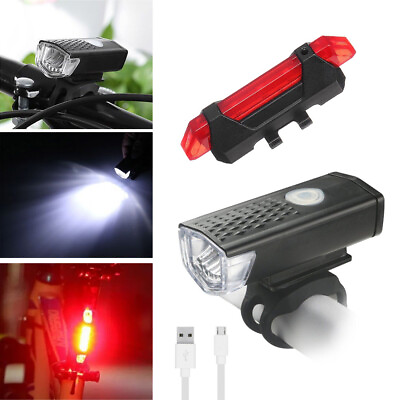#ad USB Rechargeable LED Bicycle Headlight Bike Front Rear Lamp Cycling Safety 2Pcs $6.26