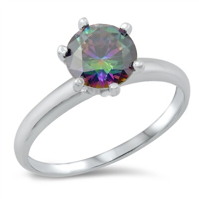 #ad Rainbow Topaz CZ Round Solitaire Mount Ring Sterling Silver Band Sizes 4 10 $12.85