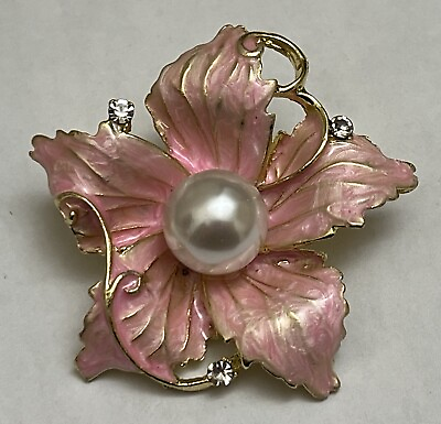 #ad Pink Enamel Crystal Glass Rhinestone Brooch Pin Daisy Rose Flower White Pearl $9.99