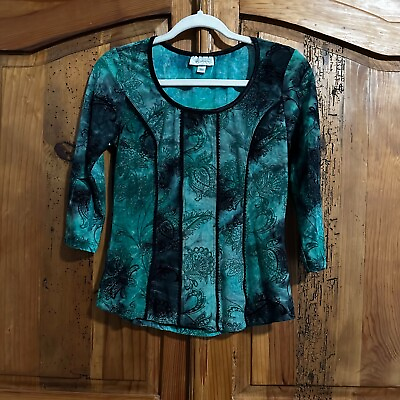 #ad Dressbarn Blouse Womens Small Green Floral 3 4 Sleeve Pullover Y2K $6.55