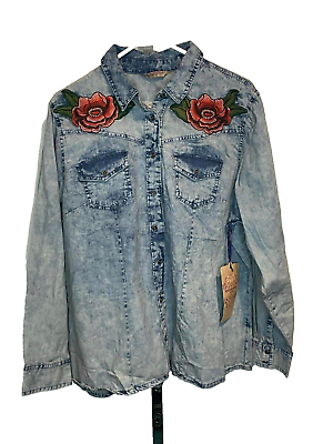 #ad Highway Jeans Distressed Denim Women#x27;s 1X Long Sleeve Embroidered Floral NWTS $18.97