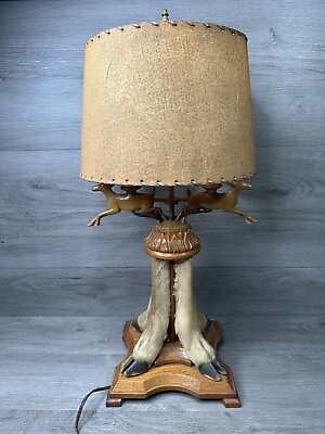 #ad Deer Taxidermy 4 Legs Vintage Lamp Cast Iron Deers Double Bulbs Cabin Hunting $74.95