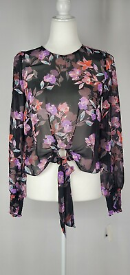 #ad NEW Bar III Top XS Womens Black Floral Tie Front Blouse Long Smocked Sleeve $13.93