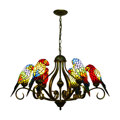 #ad Vintage 6 Light Chandelier Multicolored Parrot Tiffany Stained Glass Decoration $359.00