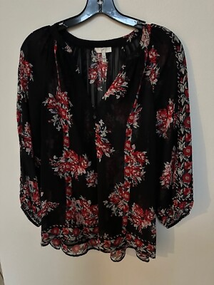 #ad Joie Womens M Black Floral Sheer 3 4 Sleeves Button Front Silk Blouse $29.00