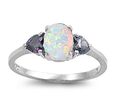 #ad Simulated White Opal with Rainbow Topaz Sterling Silver Ring NEW $16.95