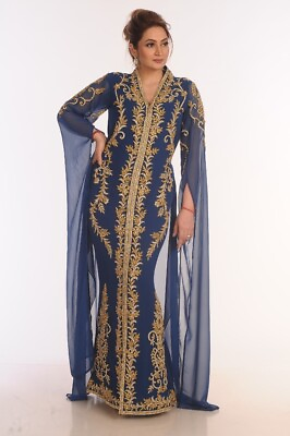 #ad BLUE DUBAI MOROCCAN LATESH KAFTAN FARASHA ABAYA MAXI MODERN FANCY FLOOR LENGTH $135.00