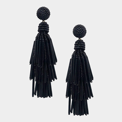 #ad NEW Black Layered Tube Beads Seed Beaded Tassel Fringe Drop Dangle Earrings $17.95