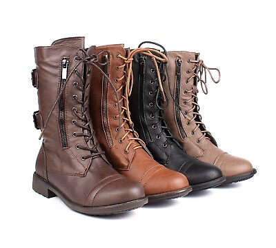 #ad Womens Combat Military Boots Faux Leather Womens Mid Calf Boots Shoes $32.99