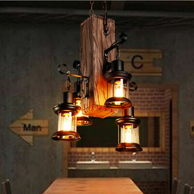 #ad 4 Light Retro Wood Chandelier Iron Ceiling Lamp Industrial Rustic Pendant Light $84.79