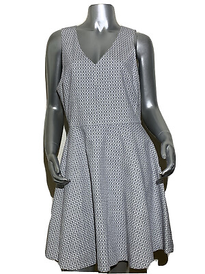 #ad Joie Womens Dress L White Blue Square Print Sleeveless V Neck Side Zip $12.95