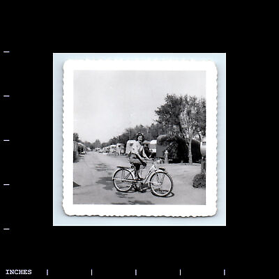#ad Vintage Square Photo WOMAN RIDING BICYCLE IN TRAILER PARK $13.00