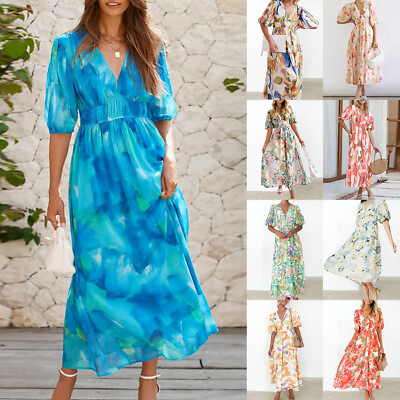 #ad Womens Short Sleeve Floral Printed Sundress A Line V Neck Casual Dresses Holiday $32.54
