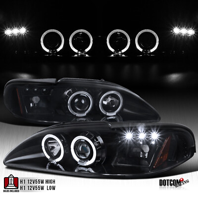 #ad Fit 1994 1998 Ford Mustang Cobra Black Smoke Halo Projector Headlights w LED $144.99