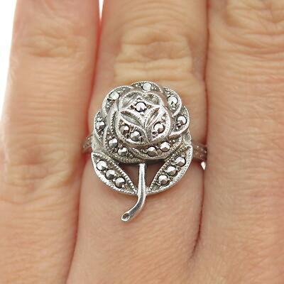 #ad 925 Sterling Silver Antique Art Deco Real Marcasite Gem Rose Floral Ring Size 5 $39.95