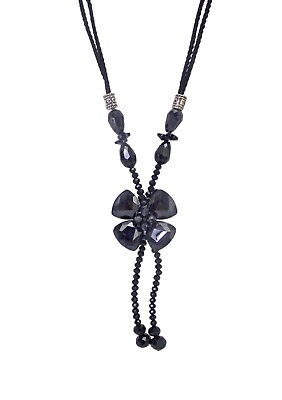 #ad Large Black Flower pendant necklace with tassel created in all glass beads NEW $14.99