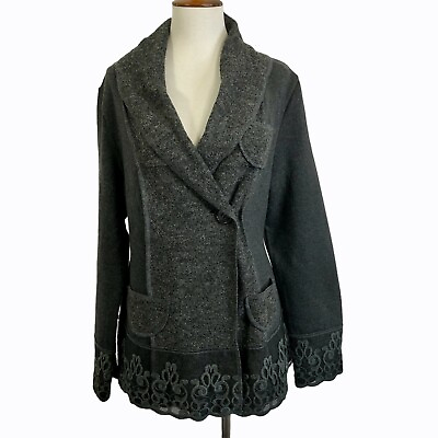 #ad Through The Country Door Sweater Coat Medium Charcoal Gray Lace Trim Jacket New $55.11