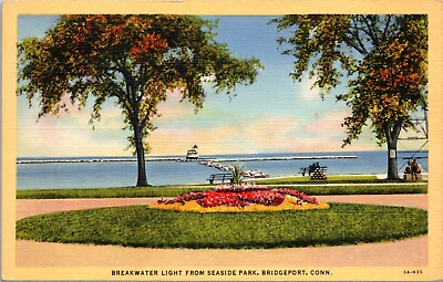#ad Postcard Bridgeport Conneticut Breakwater Light Seaside Pk Linen 1935 CURT TEICH $11.95