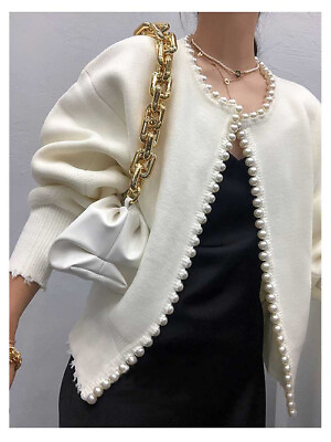 #ad 2022 Home Fringe Imitation Pearl Long sleeved Cardigan Winter Clothing Womens L $97.01