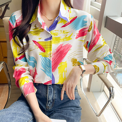 #ad Elegant Women Rainbow Graffiti Print Long Sleeve Chiffon Blouse Button OL Shirt $12.34