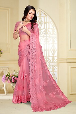 #ad Indian Moti Resham Zari Stone Embroidered Pink Net Party Wear Wedding Saree Sari $89.95