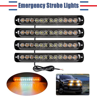 #ad 4X 12 LED Strobe Lights Bar Emergency Flashing Warning Hazard Beacon Amber White $14.99